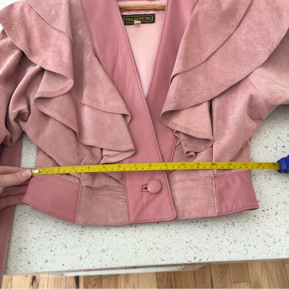 Vintage 80s Danier Pink Suede & Leather Cropped Jacket | Ruffle Collar Statement - Picture 12 of 12